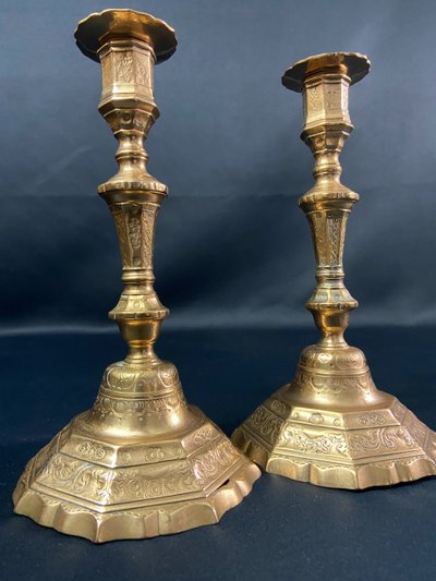 Pair of brass candlesticks with chased decoration 18th Regency period