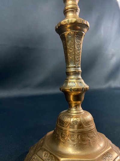 Pair of brass candlesticks with chased decoration 18th Regency period