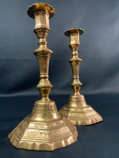 Pair of brass candlesticks with chased decoration 18th Regency period
