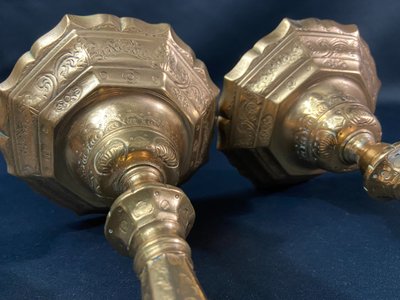 Pair of brass candlesticks with chased decoration 18th Regency period