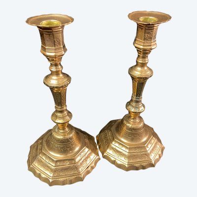 Pair of brass candlesticks with chased decoration 18th Regency period