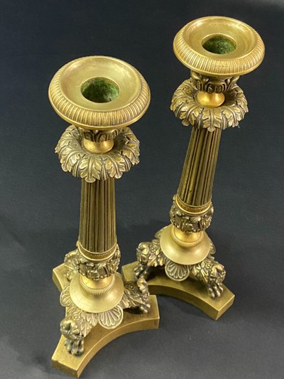 Pair of Restauration-period gilt bronze and chased candlestick torches