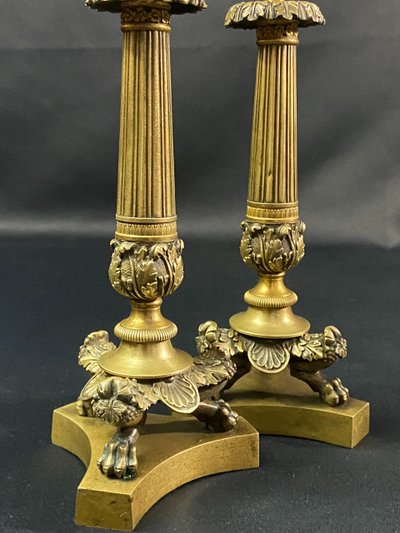 Pair of Restauration-period gilt bronze and chased candlestick torches