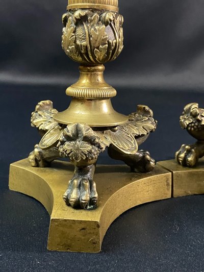 Pair of Restauration-period gilt bronze and chased candlestick torches