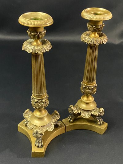 Pair of Restauration-period gilt bronze and chased candlestick torches
