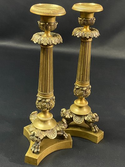Pair of Restauration-period gilt bronze and chased candlestick torches