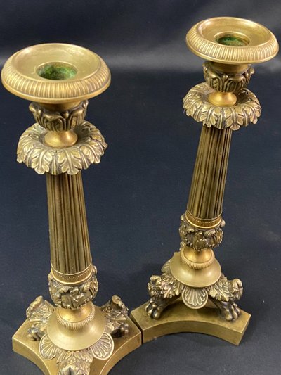 Pair of Restauration-period gilt bronze and chased candlestick torches