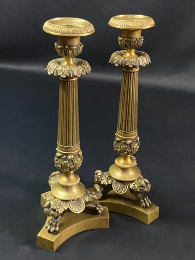 Pair of Restauration-period gilt bronze and chased candlestick torches