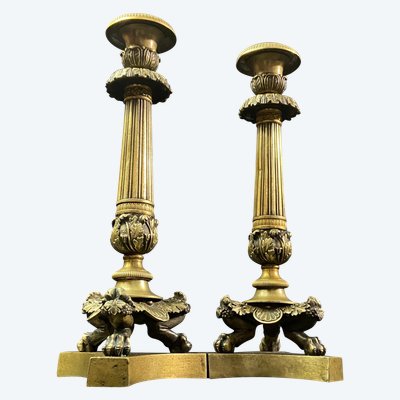 Pair of Restauration-period gilt bronze and chased candlestick torches