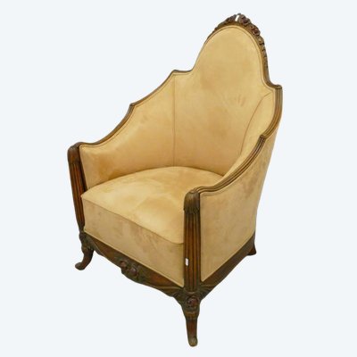 Grande e originale poltrona Art Déco in noce intagliato, 1920/1930 circa