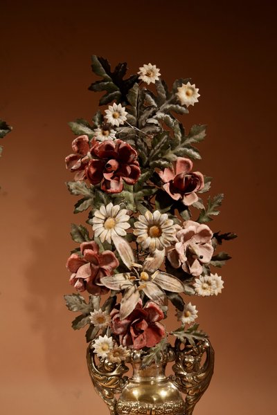 Highly decorative Italian flower vases in sheet metal and brass, circa 1850-1870