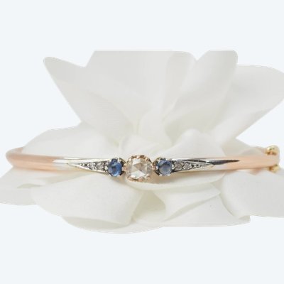 Art Nouveau bangle bracelet in two-tone gold, sapphires and diamonds