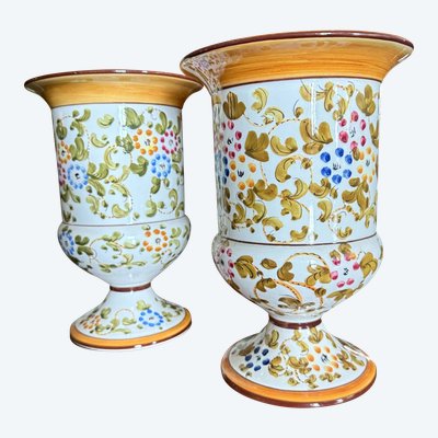 Coppia di vasi in maiolica dipinta metà '900 manifattura Firenze MTC h 24cm