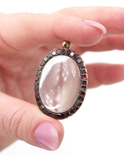 Pendentif loupe grenats en argent et or 18k, loupe ancienne, bijou anglais, médaillon loupe