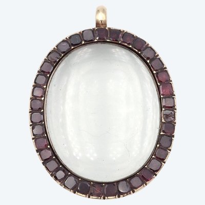 Pendentif loupe grenats en argent et or 18k, loupe ancienne, bijou anglais, médaillon loupe