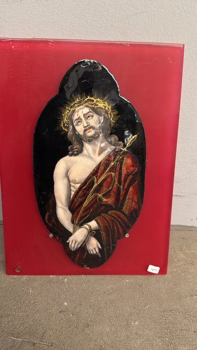 Antica placca metà '800 dipinta smalto Limoges raffigurante Cristo 28x15cm