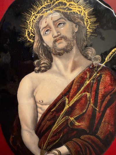 Antica placca metà '800 dipinta smalto Limoges raffigurante Cristo 28x15cm