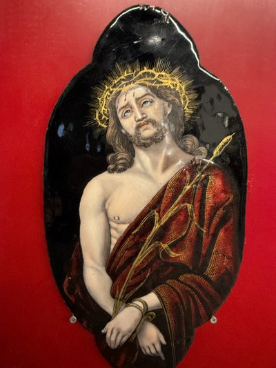 Antica placca metà '800 dipinta smalto Limoges raffigurante Cristo 28x15cm