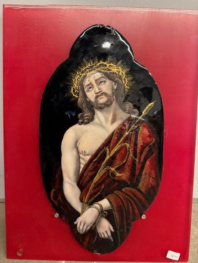 Antica placca metà '800 dipinta smalto Limoges raffigurante Cristo 28x15cm