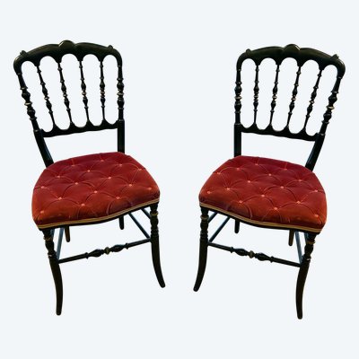 Pair of Napoleon III chairs, raspberry red velvet upholstered seats