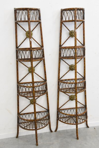 Antique Pair of Bamboo Shelves, Gilded Metal Medallions Circa 1950