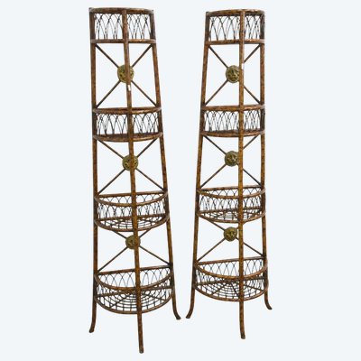 Antique Pair of Bamboo Shelves, Gilded Metal Medallions Circa 1950