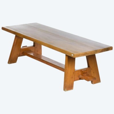 Large Neoclassical Solid Walnut Table, Circa 1940 In The Style Of Charlotte Perriand