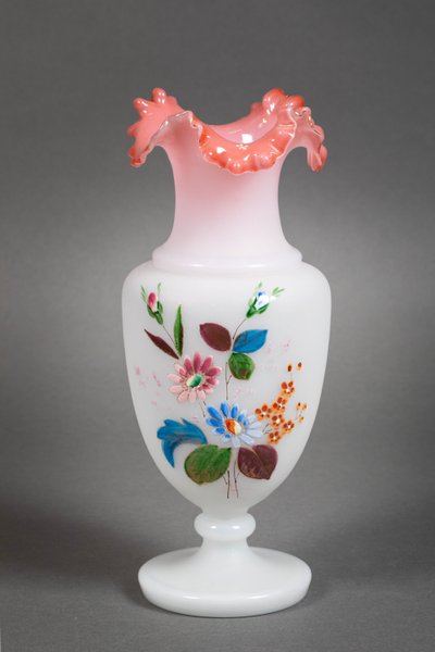 A pair of white and pink opaline vases, early 20th century