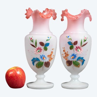 A pair of white and pink opaline vases, early 20th century