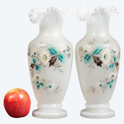A pair of white and blue opaline vases, early 20th century