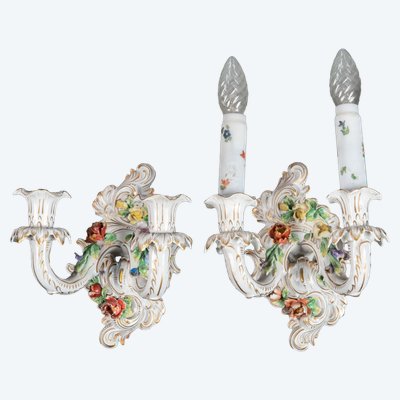 A pair of Louis XV style porcelain sconces, late 19th century