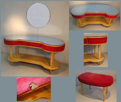 Dressing Table and Stool in Sycamore, Velvet and Blue Mirror, Italy Circa 1950/1960