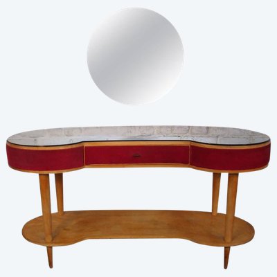 Dressing Table and Stool in Sycamore, Velvet and Blue Mirror, Italy Circa 1950/1960