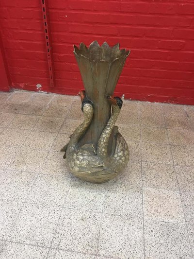 Sehr Große Jugendstil Vase Aus Polychromem Terrakotta (Marke A Dechiffrer) Circa 1900