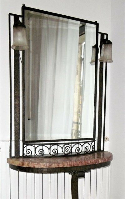 Art Deco Hammered Iron Console With Mirror Circa 1930