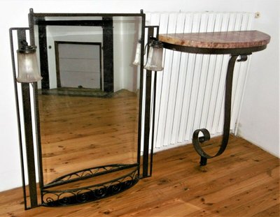 Art Deco Hammered Iron Console With Mirror Circa 1930