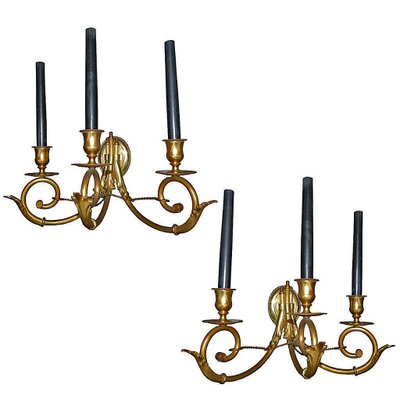Paire Appliques Bronze Doré 3 Lumières Néo Classique 1950
