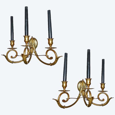 Paire Appliques Bronze Doré 3 Lumières Néo Classique 1950