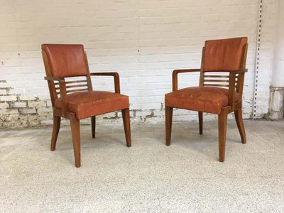 Rare Suite Of 9 Mahogany And Leather Art Deco Chairs And 2 Armchairs Circa 1940