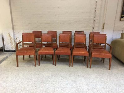 Rare Suite Of 9 Mahogany And Leather Art Deco Chairs And 2 Armchairs Circa 1940