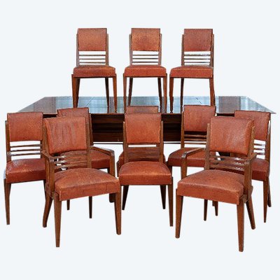 Rare Suite Of 9 Mahogany And Leather Art Deco Chairs And 2 Armchairs Circa 1940