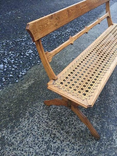 Art Nouveau Period Bench in Oak and Original Large Canework Circa 1900