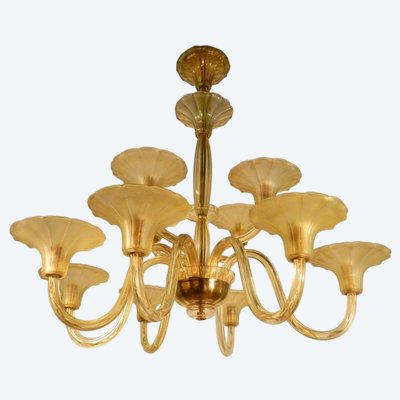 Lustre époque Art Deco En Cristal De Boheme A 12 Branches , Circa 1940