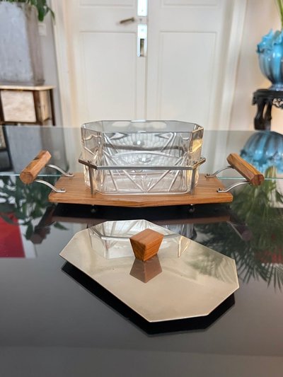 Glass Biscuit Box - Wood and Metal Tray - Art Deco Biscuit Maker