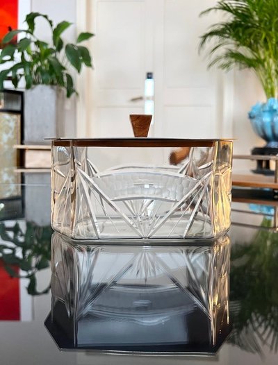 Glass Biscuit Box - Wood and Metal Tray - Art Deco Biscuit Maker