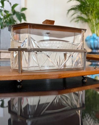 Glass Biscuit Box - Wood and Metal Tray - Art Deco Biscuit Maker