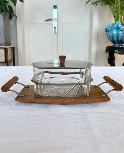 Glass Biscuit Box - Wood and Metal Tray - Art Deco Biscuit Maker