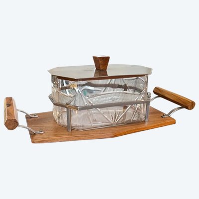 Glass Biscuit Box - Wood and Metal Tray - Art Deco Biscuit Maker