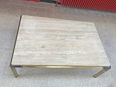 Large Living Room Table In Travertine And Gilded Metal, Circa 1970