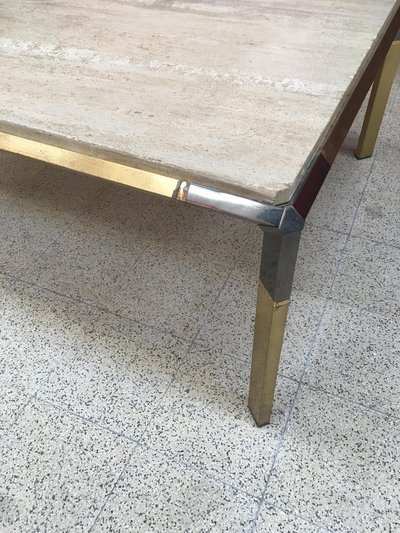 Large Living Room Table In Travertine And Gilded Metal, Circa 1970